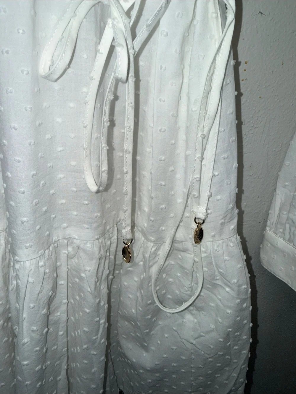 H&M White Long-Sleeve V-Neck Tie-Waist Tiered Mini Dress